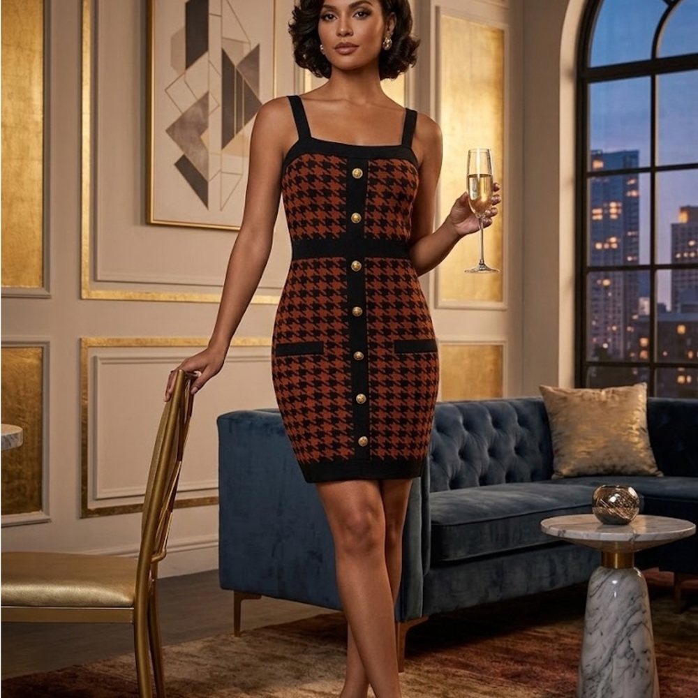 Stylish Black and Brown Houndstooth Dress